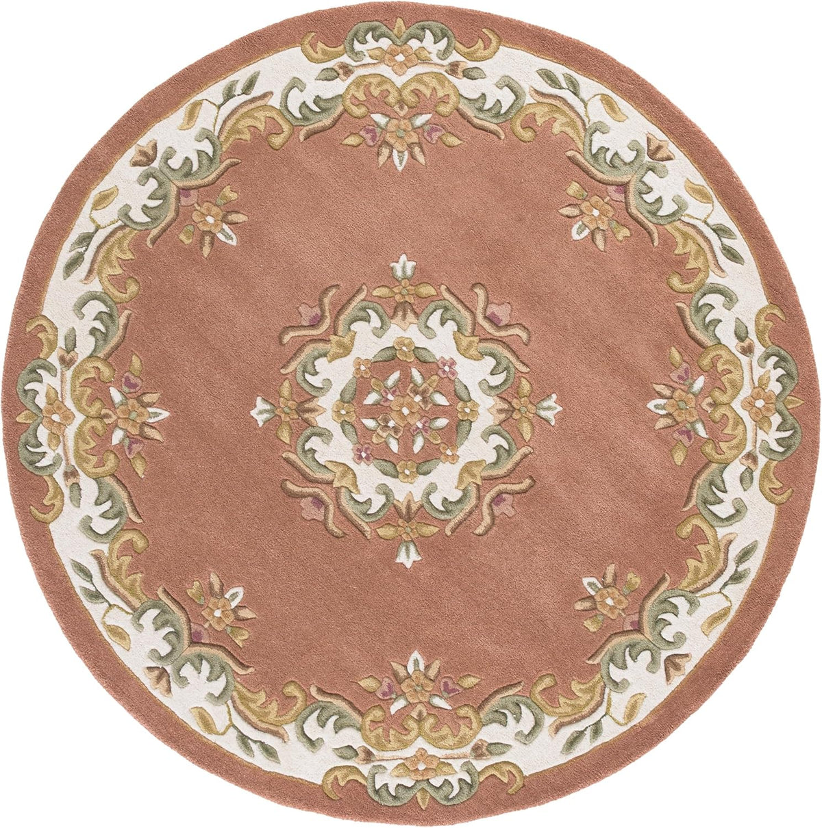 Aubusson Collection Area Rug - 6' Round, Peach & Ivory, Handmade Wool, Ideal for Living Room, Bedroom, Dining Space (AUB301S)