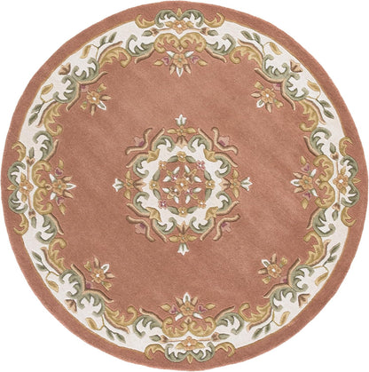Aubusson Collection Area Rug - 6' Round, Peach & Ivory, Handmade Wool, Ideal for Living Room, Bedroom, Dining Space (AUB301S)