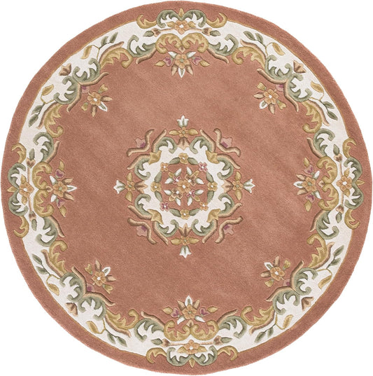 Aubusson Collection Area Rug - 6' Round, Peach & Ivory, Handmade Wool, Ideal for Living Room, Bedroom, Dining Space (AUB301S)