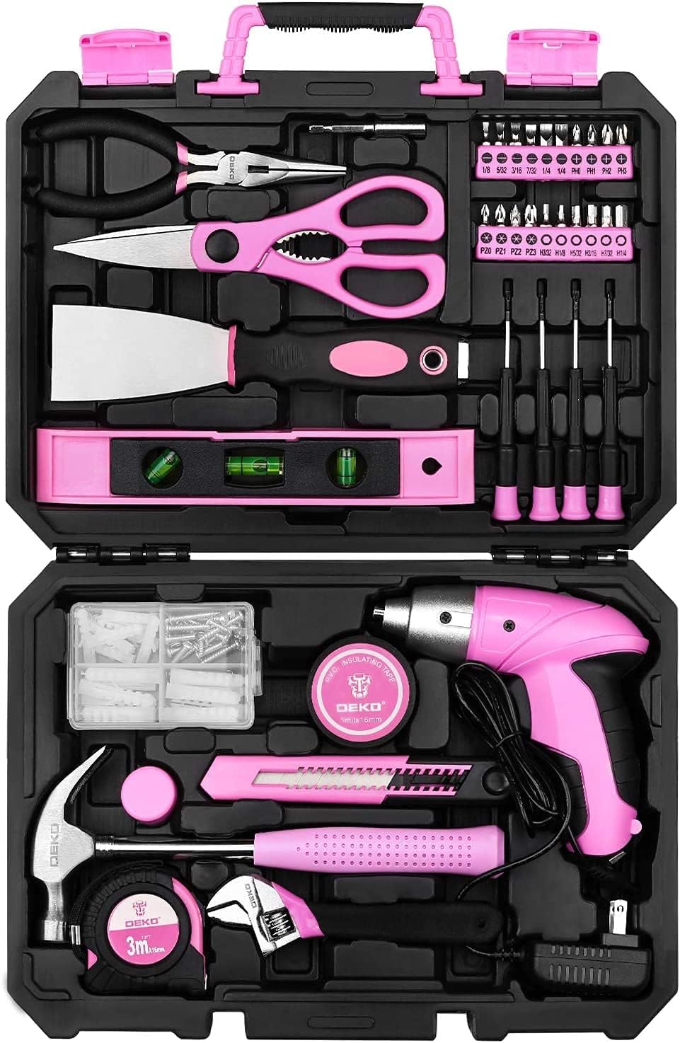 Pink 98 Piece Tool Set,General Household Hand Tool Kit with Plastic Toolbox Storage Case