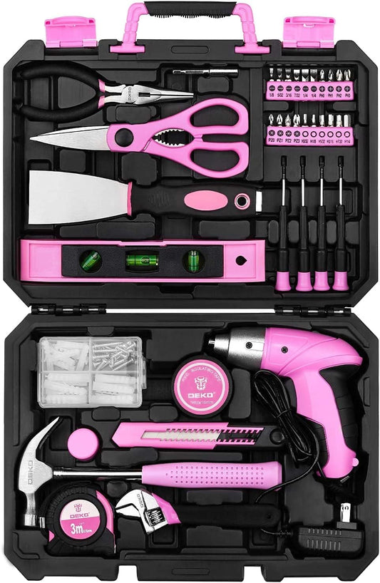 Pink 98 Piece Tool Set,General Household Hand Tool Kit with Plastic Toolbox Storage Case