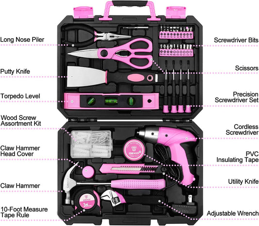 Pink 98 Piece Tool Set,General Household Hand Tool Kit with Plastic Toolbox Storage Case