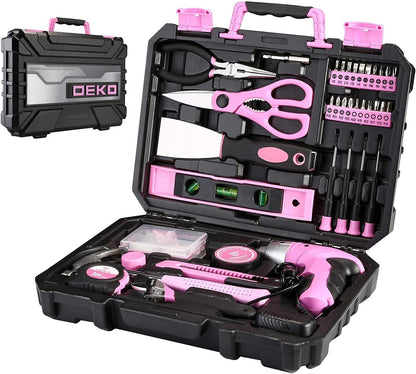 Pink 98 Piece Tool Set,General Household Hand Tool Kit with Plastic Toolbox Storage Case