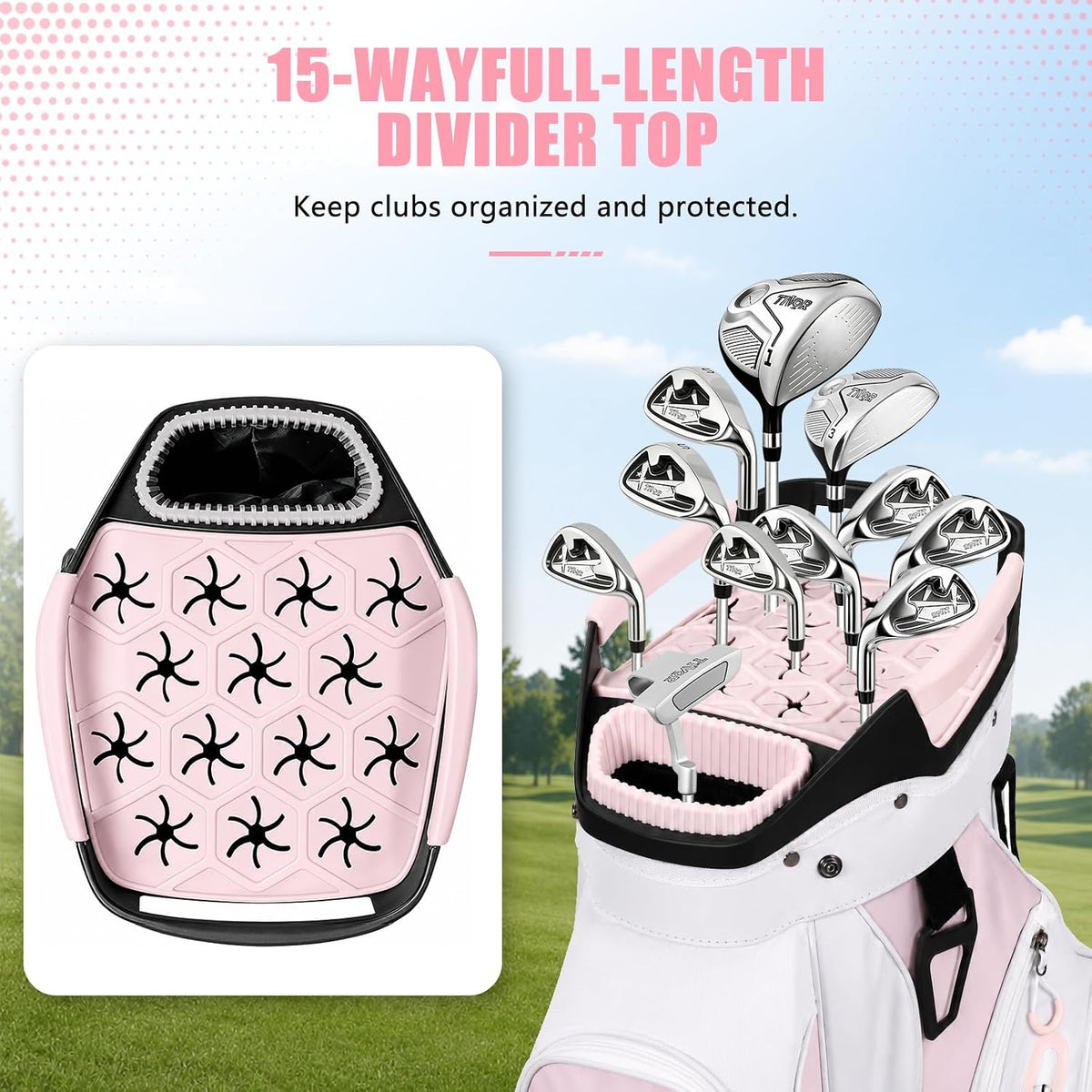 Tivor 15 Way Golf Cart Bag Silent T-Lock,Dividers,Camo Pink Black