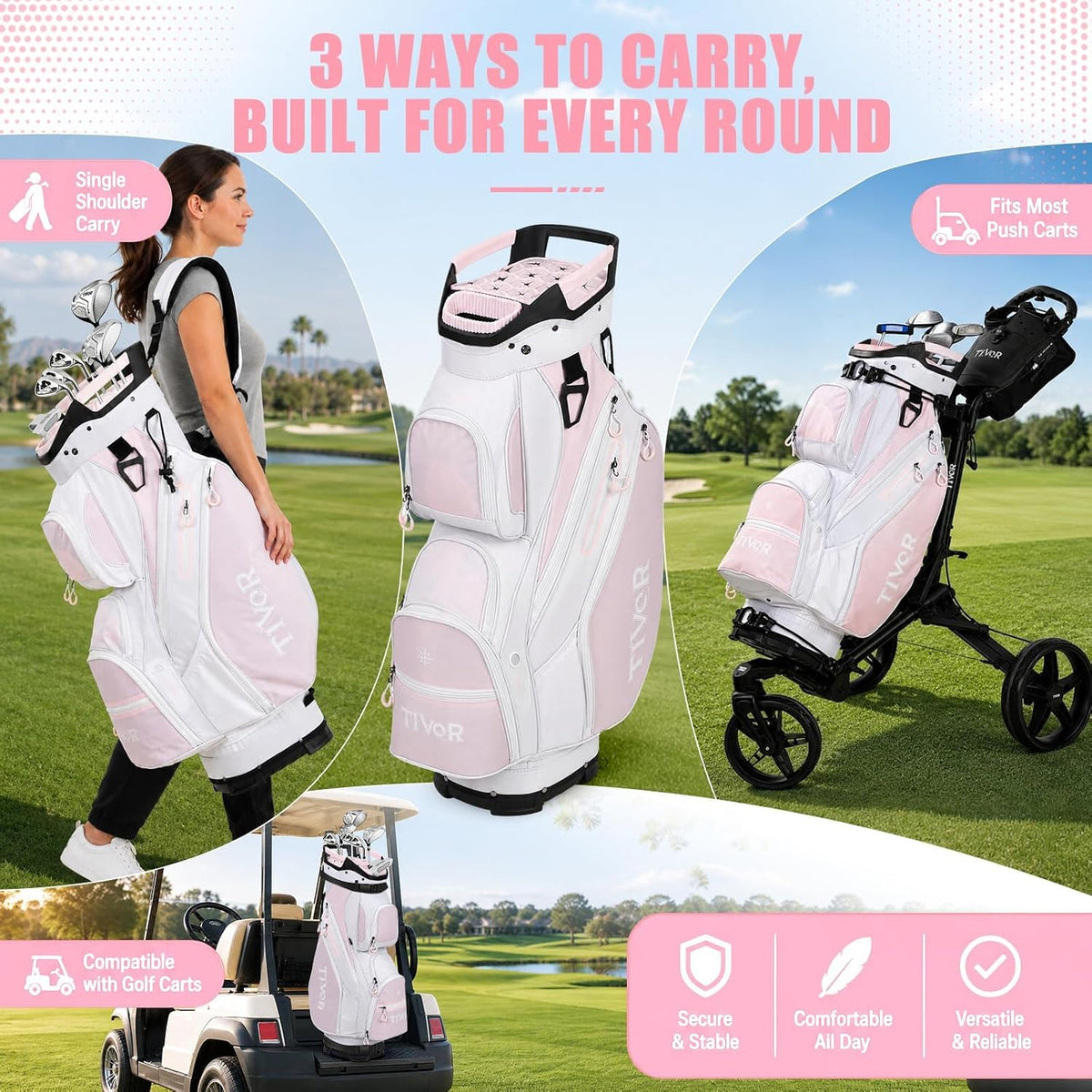 Tivor 15 Way Golf Cart Bag Silent T-Lock,Dividers,Camo Pink Black