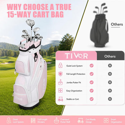 Tivor 15 Way Golf Cart Bag Silent T-Lock,Dividers,Camo Pink Black