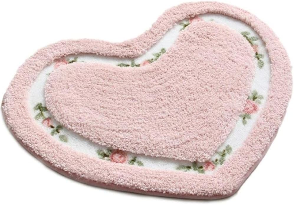 Floral Rose Heart Shape Bathroom Mat Rug Floor Decoration Carpet, Soft Bathroom Rugs Mat Non Slip Door Mat Floor Mat for Home Kitchen, Living Room,Toilet (Pink)