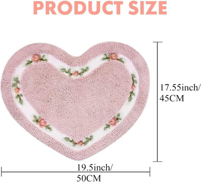 Floral Rose Heart Shape Bathroom Mat Rug Floor Decoration Carpet, Soft Bathroom Rugs Mat Non Slip Door Mat Floor Mat for Home Kitchen, Living Room,Toilet (Pink)