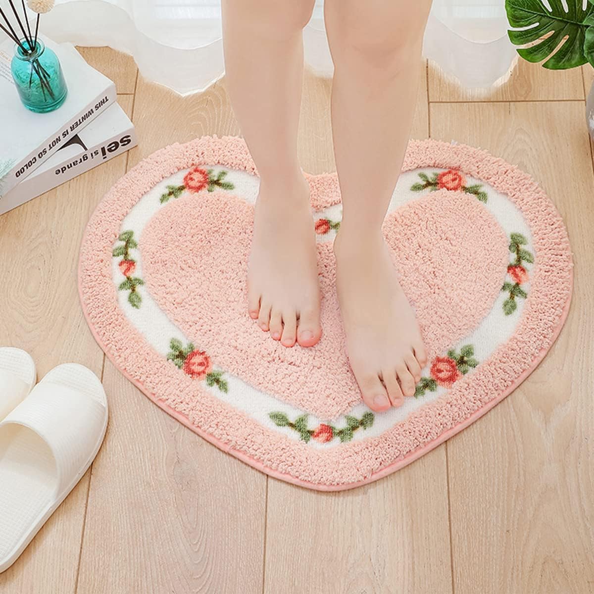 Floral Rose Heart Shape Bathroom Mat Rug Floor Decoration Carpet, Soft Bathroom Rugs Mat Non Slip Door Mat Floor Mat for Home Kitchen, Living Room,Toilet (Pink)