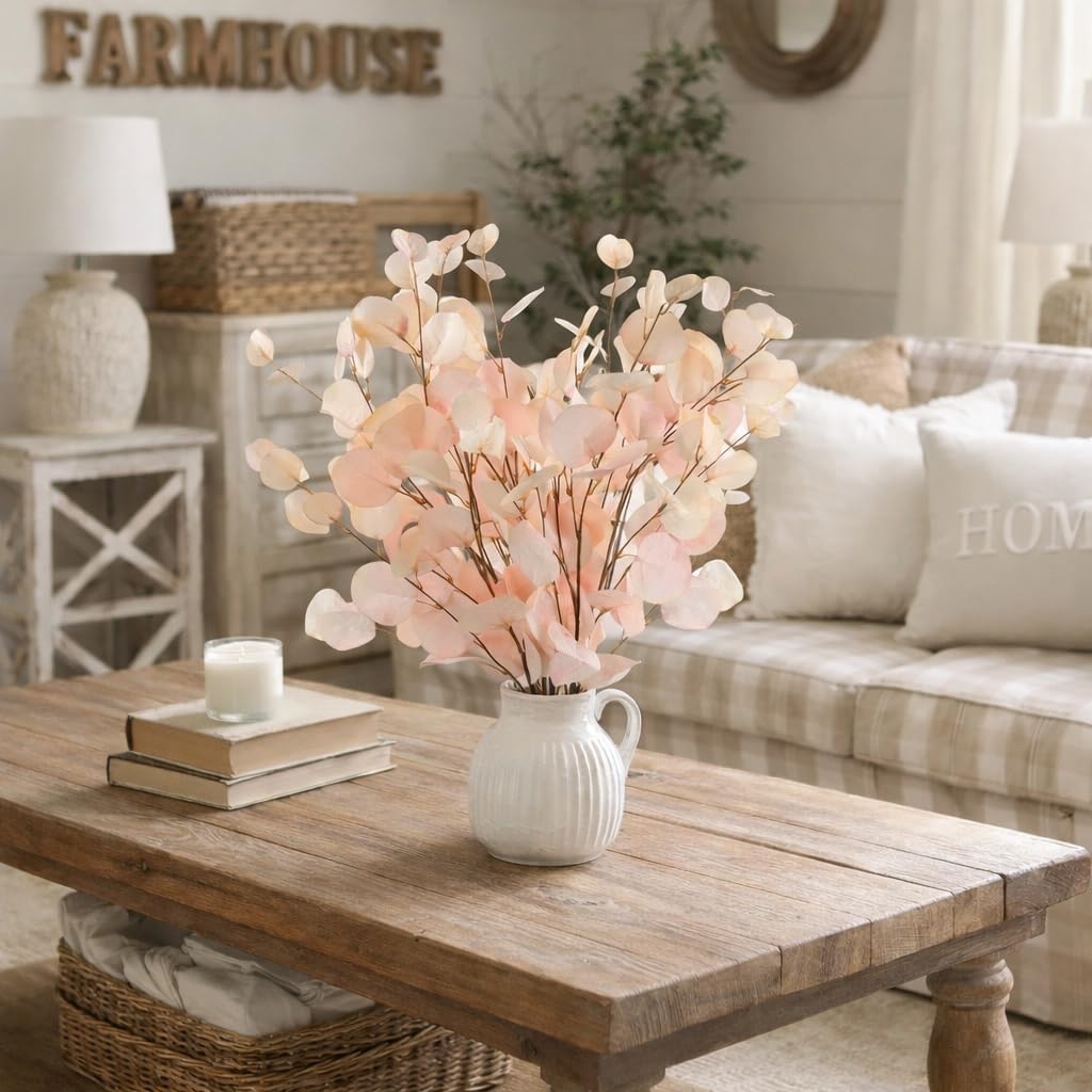 Soft Peach Eucalyptus Artificial Silk Leaves Realistic Looking for Centerpieces Fillers Bouquets Six Stems
