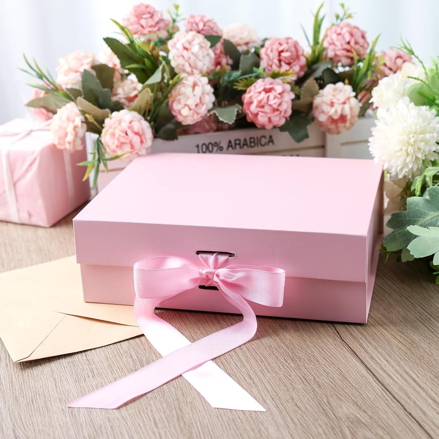 Pink Gift Box with Lid, 10.5 x 7.5 x 3.1 Inch Collapsible Large Gift Boxes for Presents, 1 Pack, Magnetic Clasp & Ribbon Included, for Weddings, Birthdays, Bridesmaid Proposal, Anniversaries