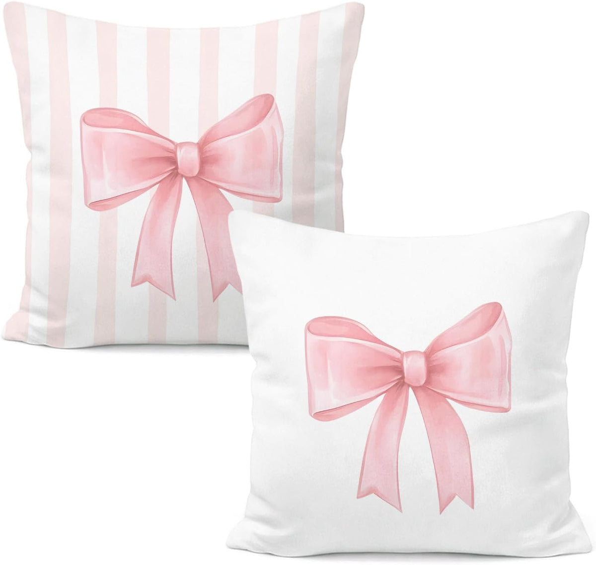Coquette Pink Bow Striped Pillow Cover 18x18, Pink Preppy Coquette Room Dorm Decor, Girly Ribbon Bow Decorative Throw Pillow Cover for Girls Room Apartment Home Bedroom Living Set of 2
