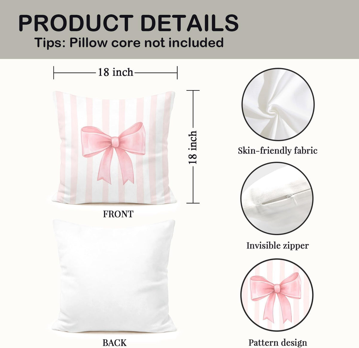 Coquette Pink Bow Striped Pillow Cover 18x18, Pink Preppy Coquette Room Dorm Decor, Girly Ribbon Bow Decorative Throw Pillow Cover for Girls Room Apartment Home Bedroom Living Set of 2