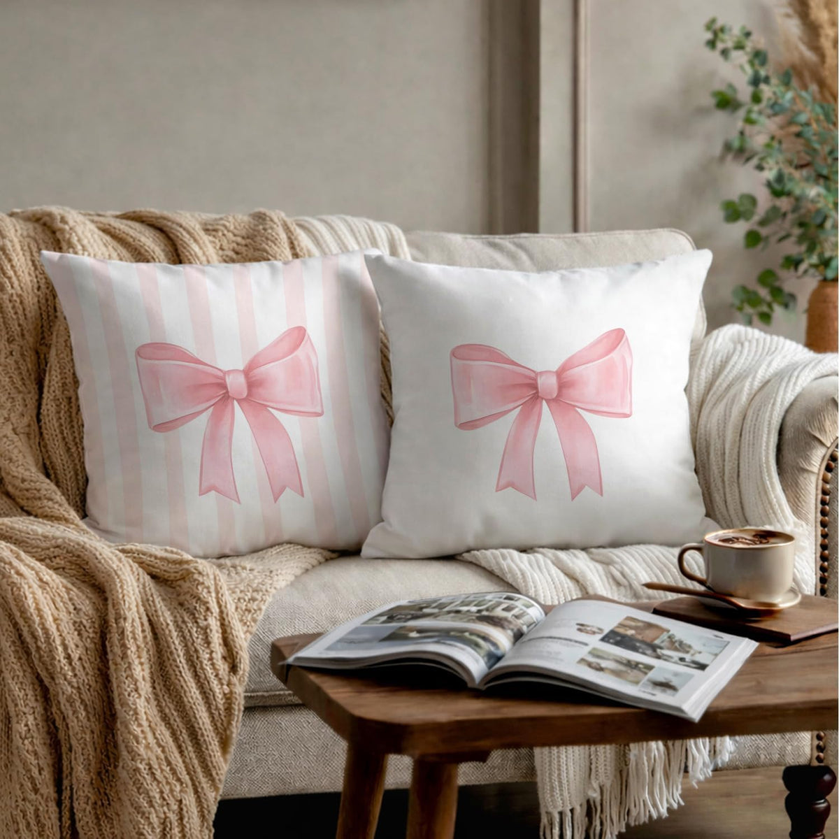 Coquette Pink Bow Striped Pillow Cover 18x18, Pink Preppy Coquette Room Dorm Decor, Girly Ribbon Bow Decorative Throw Pillow Cover for Girls Room Apartment Home Bedroom Living Set of 2