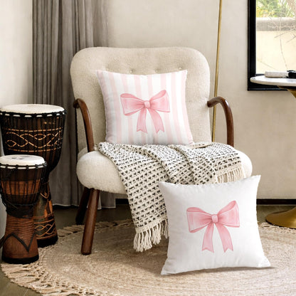 Coquette Pink Bow Striped Pillow Cover 18x18, Pink Preppy Coquette Room Dorm Decor, Girly Ribbon Bow Decorative Throw Pillow Cover for Girls Room Apartment Home Bedroom Living Set of 2