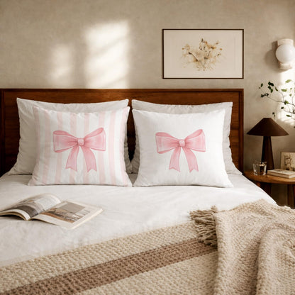 Coquette Pink Bow Striped Pillow Cover 18x18, Pink Preppy Coquette Room Dorm Decor, Girly Ribbon Bow Decorative Throw Pillow Cover for Girls Room Apartment Home Bedroom Living Set of 2