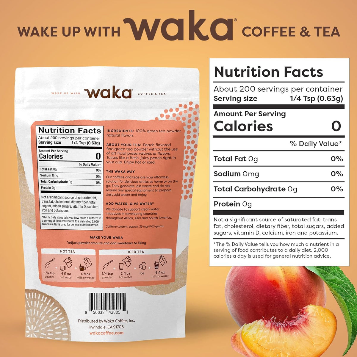 Waka Instant Green Tea Mix, Peach Flavored - 100% Tea Leaves, No Additives, Unsweetened Tea Powder in Bulk Pouch – Easy Quick Hot and Iced Teas, Up to 200 Cups (4.5oz)