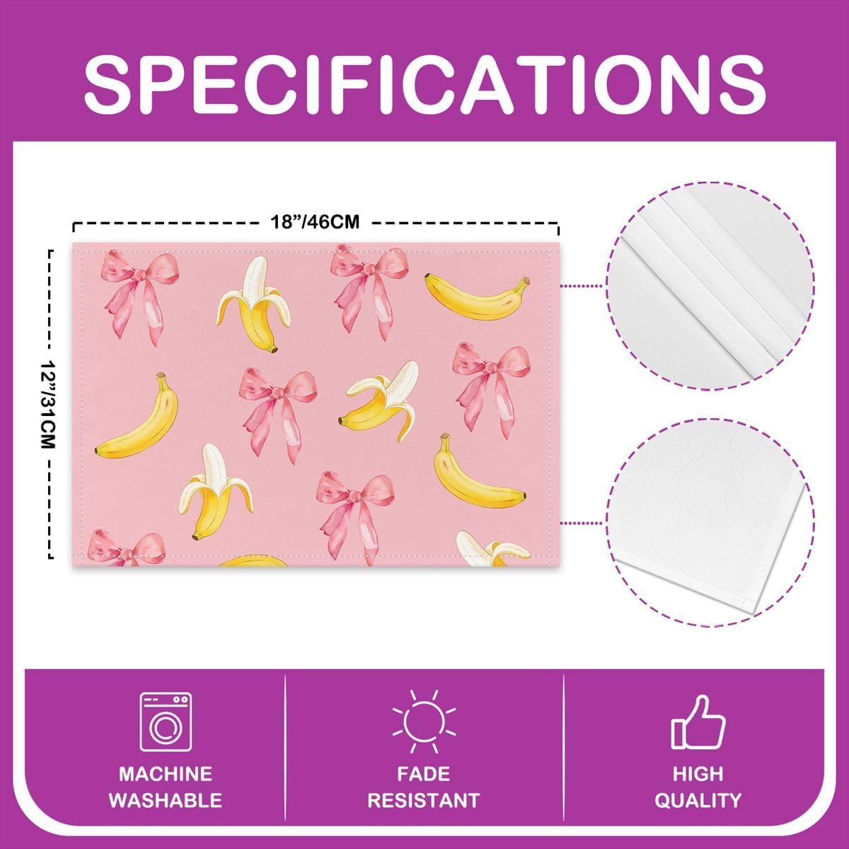 Pink Bow Placemats Set of 4 12x18 Inch Cute Coquette Bow Knot Table Mats for Party Kitchen Dining Decoration Holiday Seasonal Banana Themed Place Mat for Dinner Table Indoor Outdoor Non-Slip