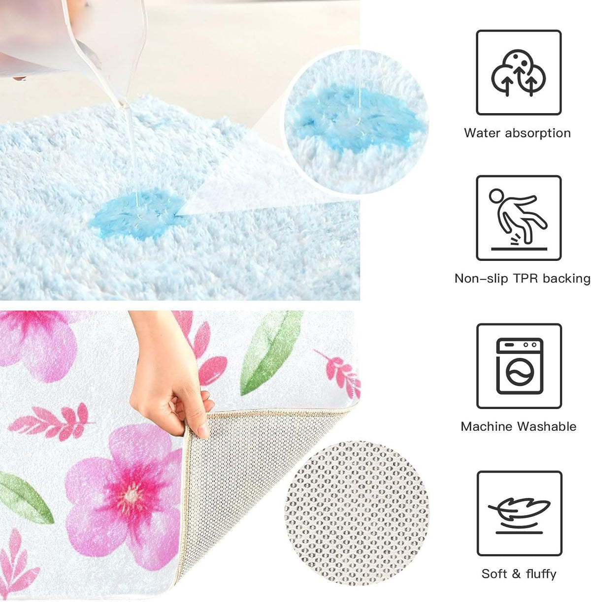 Soft Pink Flowers Bathroom Rug, Non Slip Dry Quickly Bath Mat, Absorbent Soft Bath Rug, Home Decor Accessories, 24"x16"