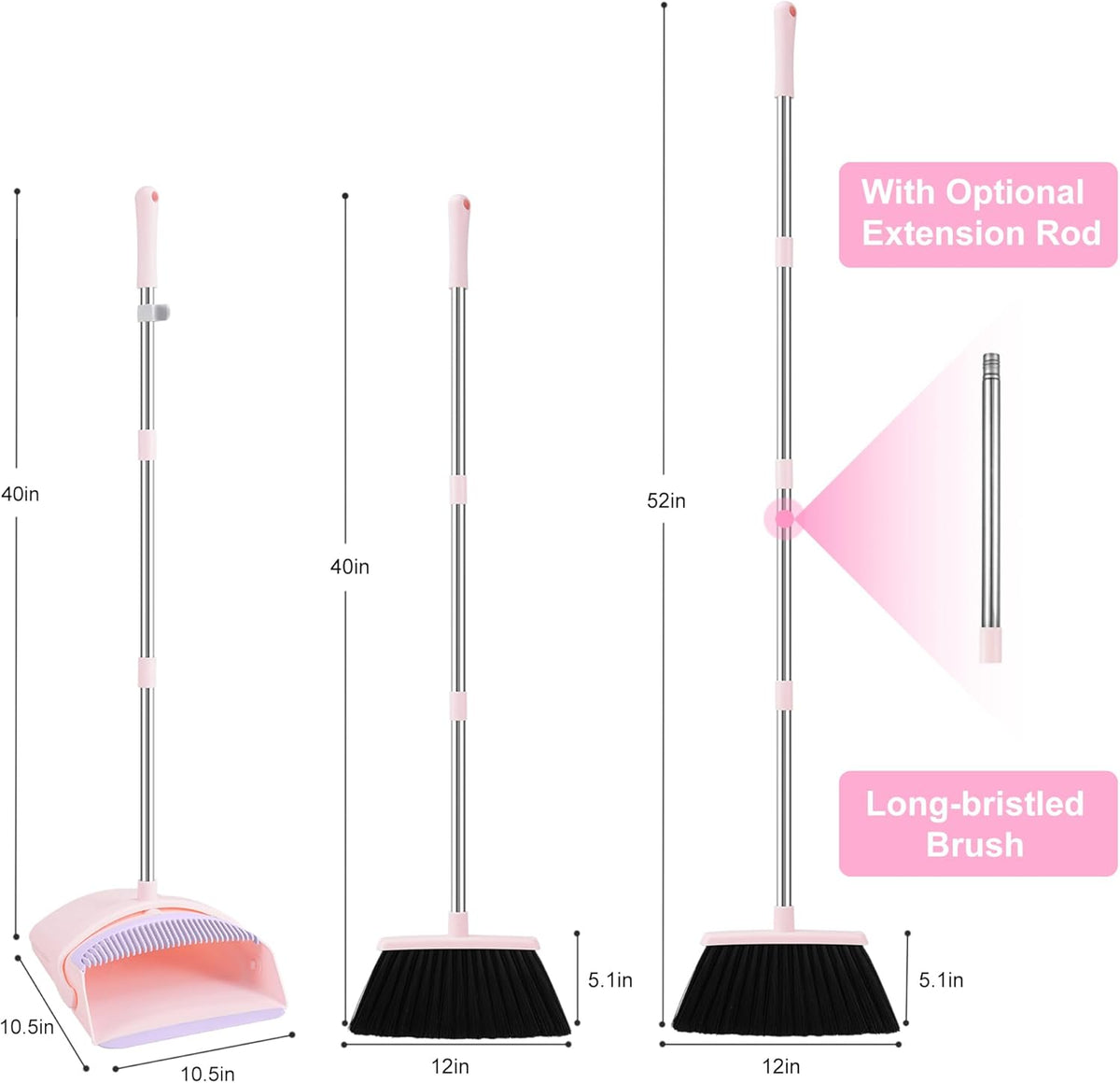 Pink Broom with Dustpan Combo Set, 52” Long Adjustable Handle