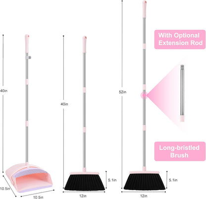 Pink Broom with Dustpan Combo Set, 52” Long Adjustable Handle