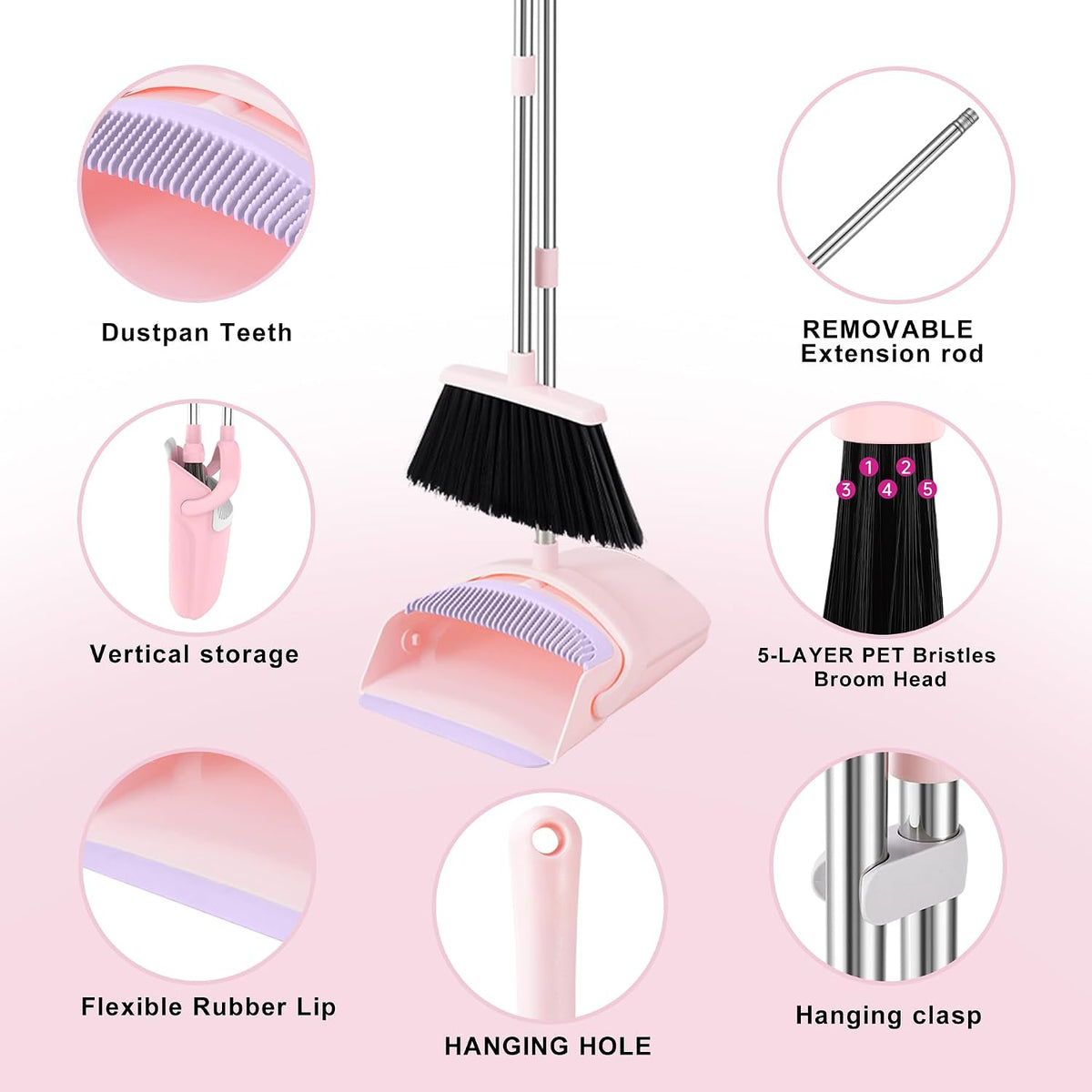 Pink Broom with Dustpan Combo Set, 52” Long Adjustable Handle