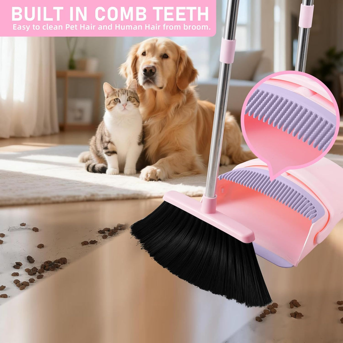 Pink Broom with Dustpan Combo Set, 52” Long Adjustable Handle