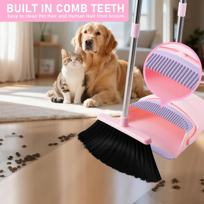 Pink Broom with Dustpan Combo Set, 52” Long Adjustable Handle