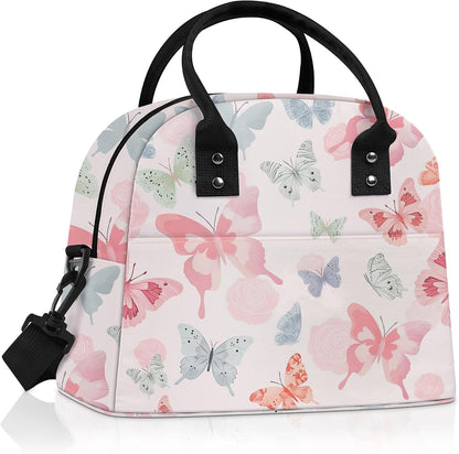 Large Insulated Lunch Box Bag for Women Adult, Pink Butterfly