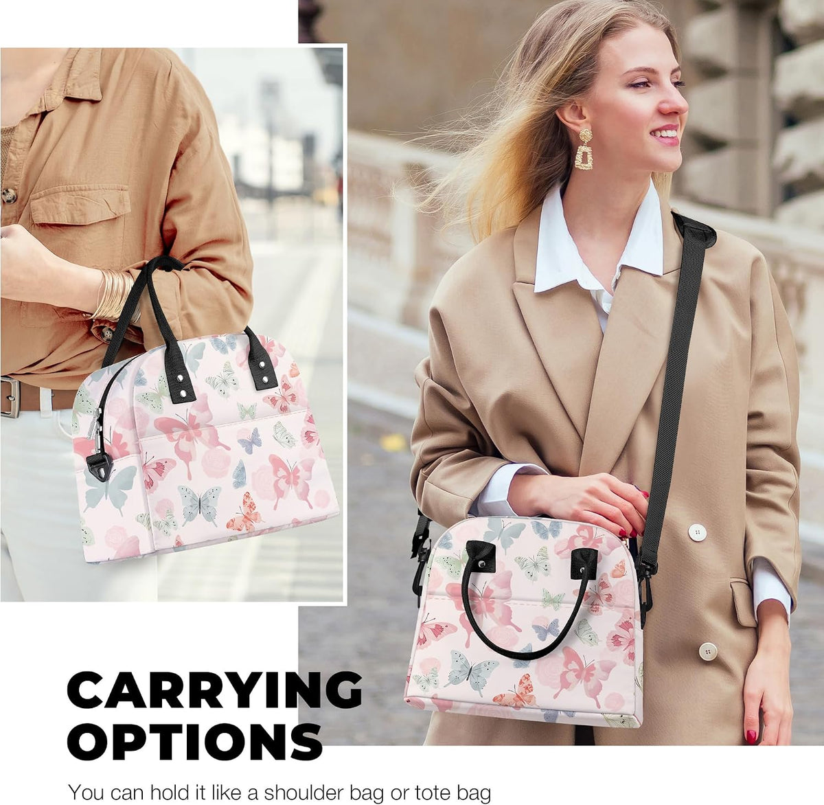 Large Insulated Lunch Box Bag for Women Adult, Pink Butterfly