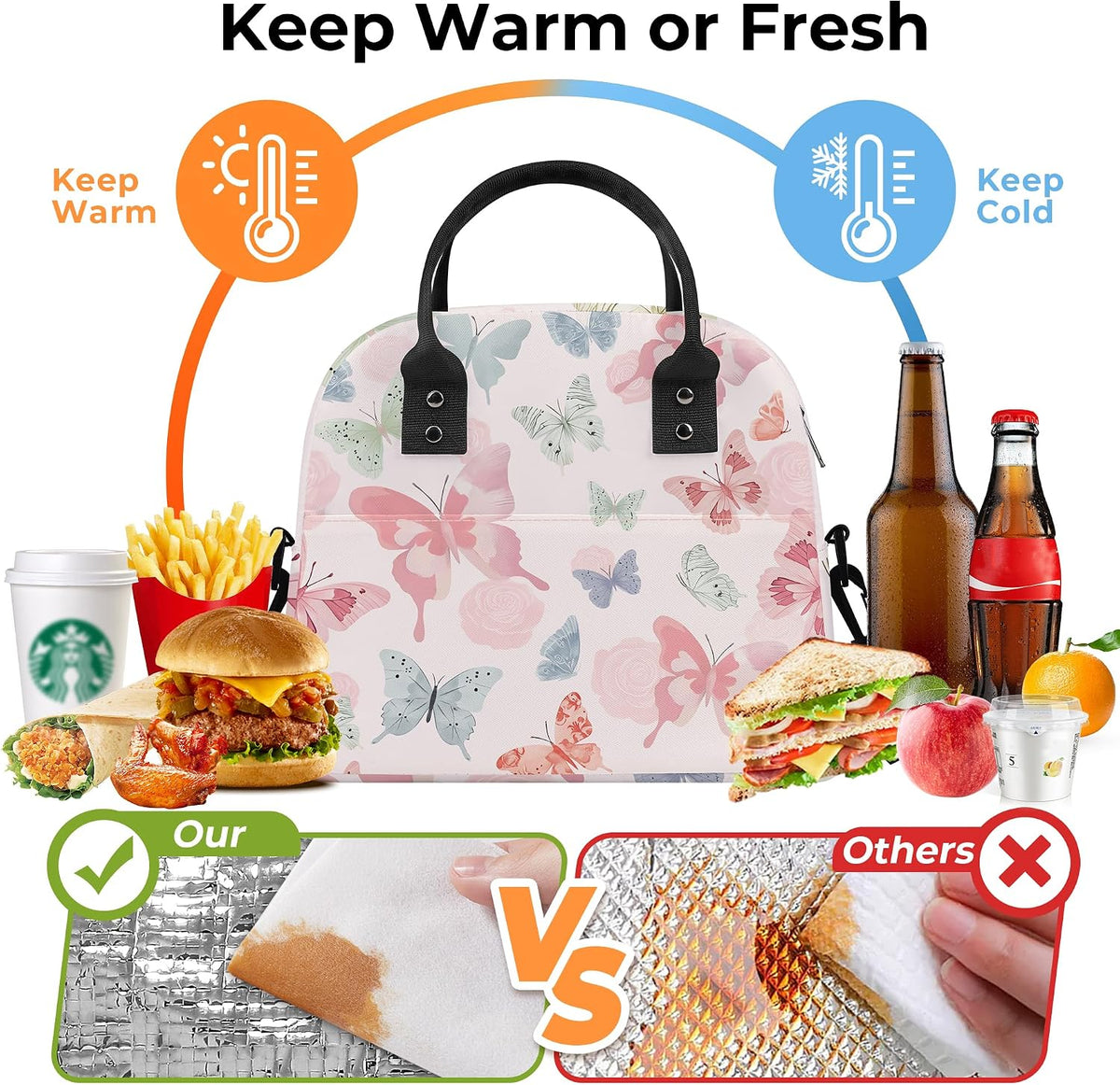 Large Insulated Lunch Box Bag for Women Adult, Pink Butterfly
