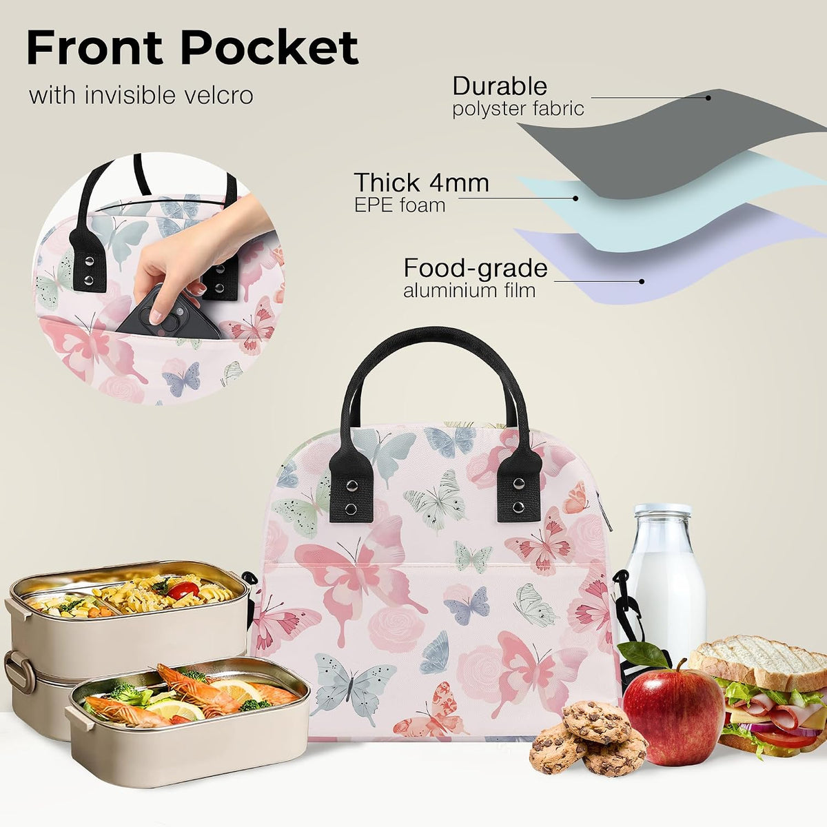 Large Insulated Lunch Box Bag for Women Adult, Pink Butterfly