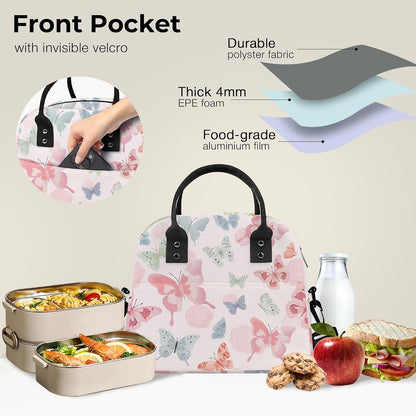 Large Insulated Lunch Box Bag for Women Adult, Pink Butterfly