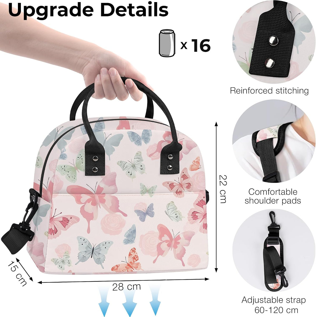 Large Insulated Lunch Box Bag for Women Adult, Pink Butterfly