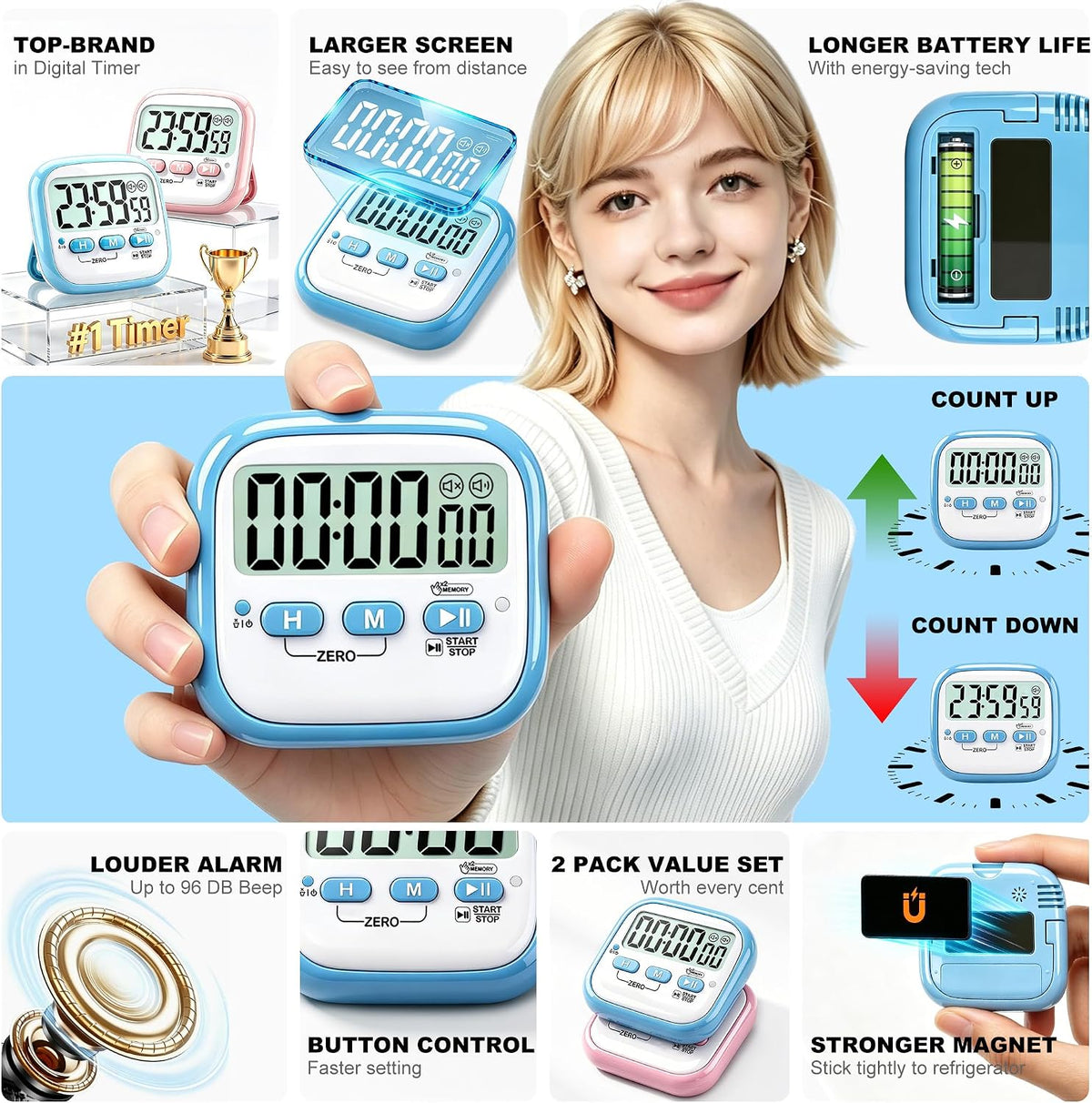 2 Pack Classroom Timers for Kids Teachers, Magnetic Countdown Digital Kitchen Timer for Cooking, Study, Exercise, Games, Time Mangement - Loud/Silent Mode - Battery Included
