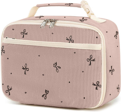 Cute Lunch Bag for Women & Men Corduroy Small Lunch Box with Cooler & Organizer Compartments Insulated Lunch Tote Bag for Travel Work (Pink Bow)