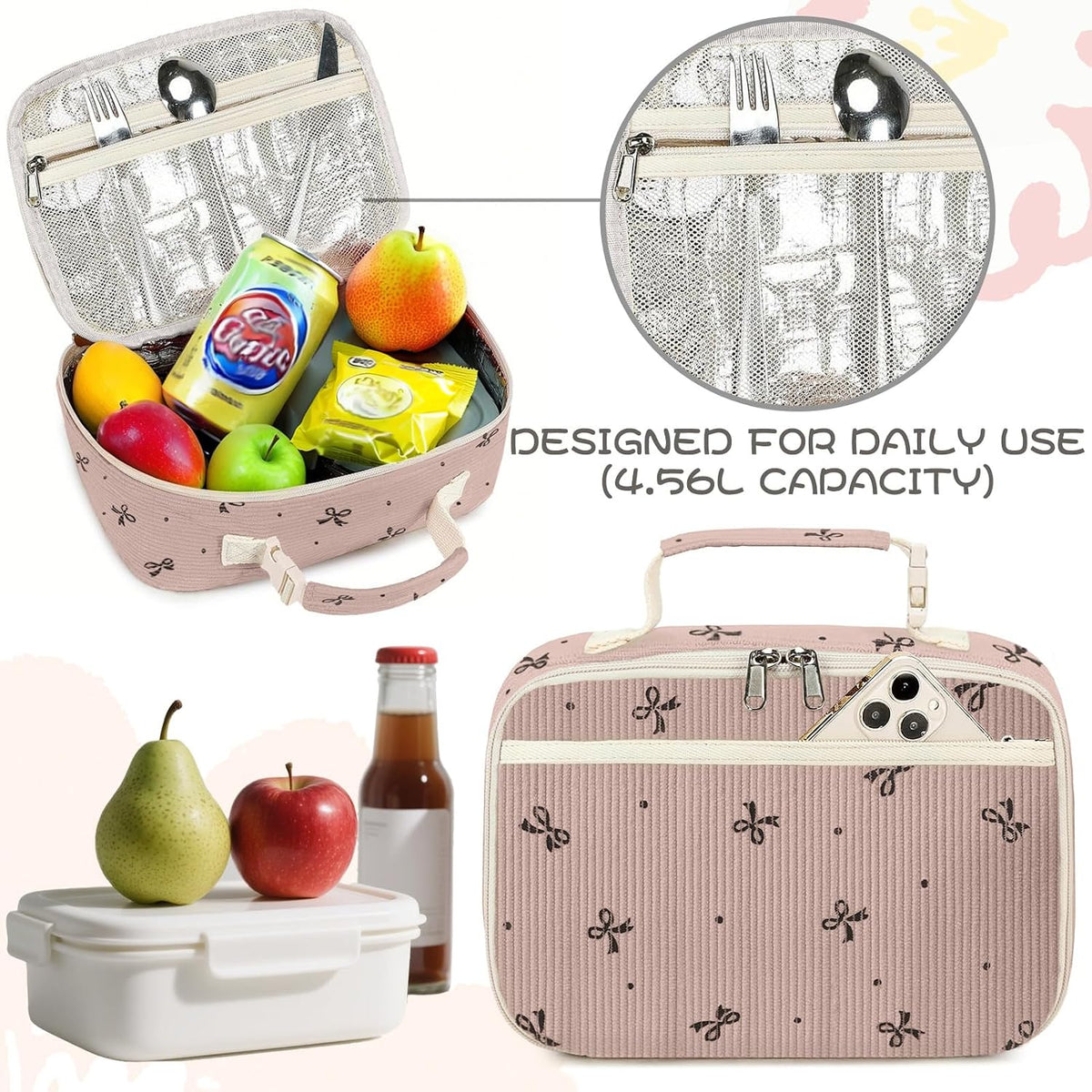 Cute Lunch Bag for Women & Men Corduroy Small Lunch Box with Cooler & Organizer Compartments Insulated Lunch Tote Bag for Travel Work (Pink Bow)