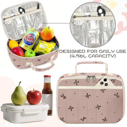 Cute Lunch Bag for Women & Men Corduroy Small Lunch Box with Cooler & Organizer Compartments Insulated Lunch Tote Bag for Travel Work (Pink Bow)