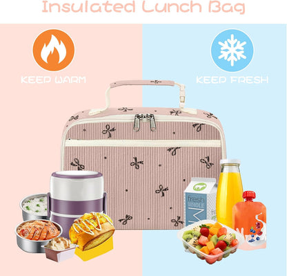 Cute Lunch Bag for Women & Men Corduroy Small Lunch Box with Cooler & Organizer Compartments Insulated Lunch Tote Bag for Travel Work (Pink Bow)