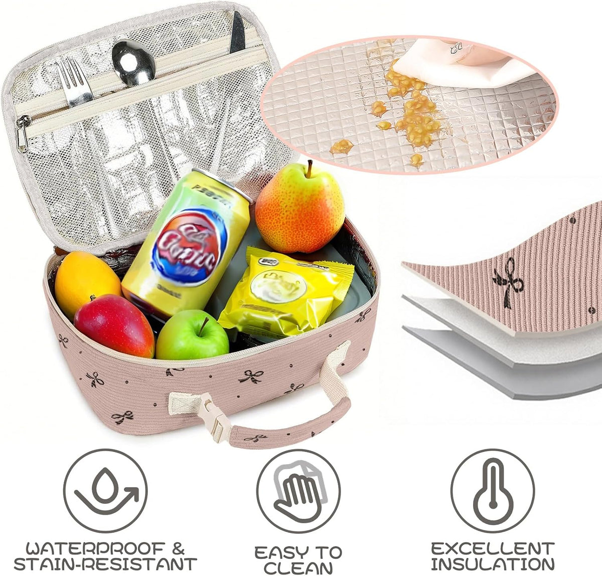 Cute Lunch Bag for Women & Men Corduroy Small Lunch Box with Cooler & Organizer Compartments Insulated Lunch Tote Bag for Travel Work (Pink Bow)