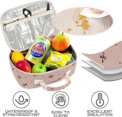 Cute Lunch Bag for Women & Men Corduroy Small Lunch Box with Cooler & Organizer Compartments Insulated Lunch Tote Bag for Travel Work (Pink Bow)