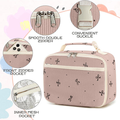 Cute Lunch Bag for Women & Men Corduroy Small Lunch Box with Cooler & Organizer Compartments Insulated Lunch Tote Bag for Travel Work (Pink Bow)