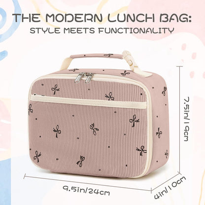 Cute Lunch Bag for Women & Men Corduroy Small Lunch Box with Cooler & Organizer Compartments Insulated Lunch Tote Bag for Travel Work (Pink Bow)