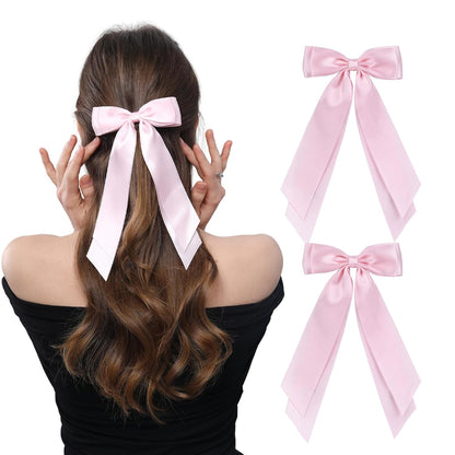 2 PCS Double Layer Hair Bows Pink Hair Ribbon Clips Ponytail Holder Accessories for Women Girls Toddlers Teens Kids