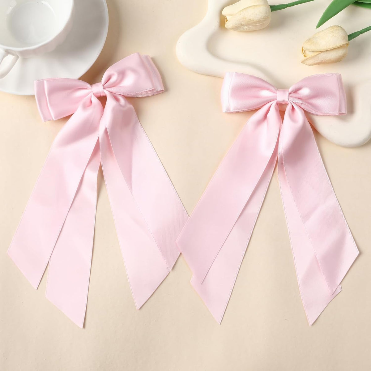 2 PCS Double Layer Hair Bows Pink Hair Ribbon Clips Ponytail Holder Accessories for Women Girls Toddlers Teens Kids