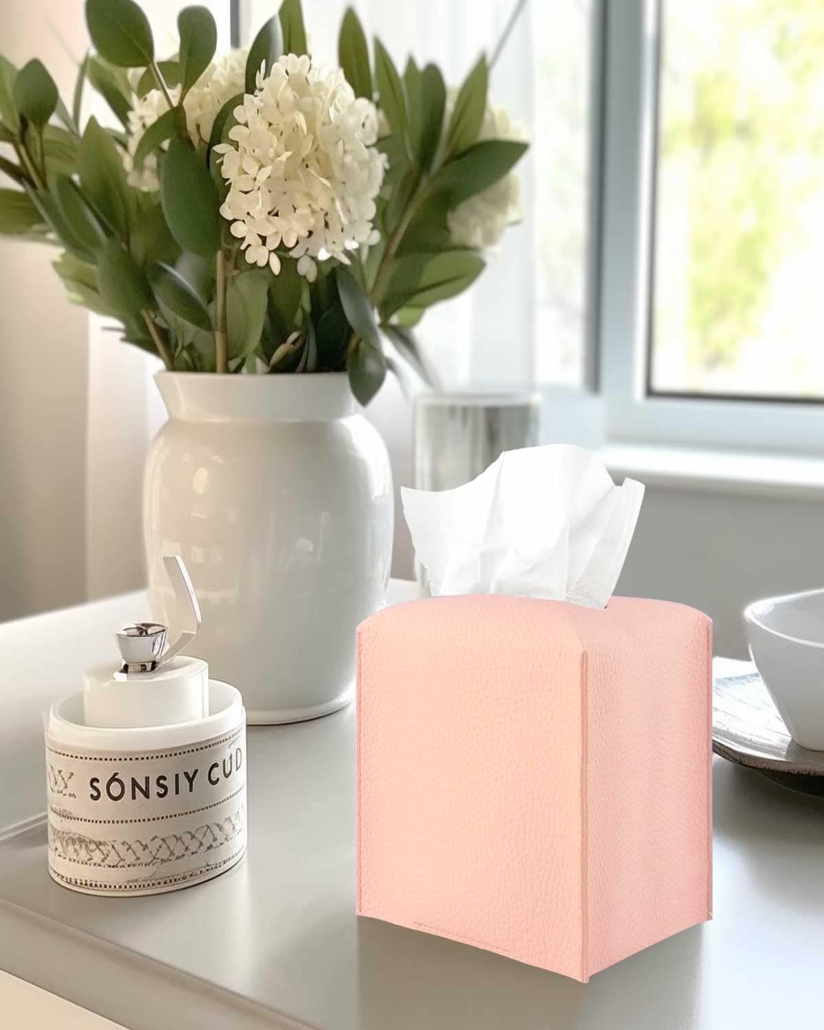 Pink Tissue Box Cover Leather – with Bottom Belt [ ] Decorative Modern PU Leather Tissue Box Holder for Bathroom Vanity/Night Stands/Office