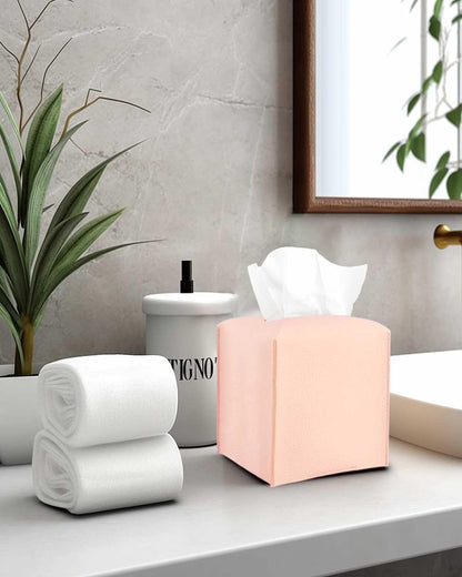 Pink Tissue Box Cover Leather – with Bottom Belt [ ] Decorative Modern PU Leather Tissue Box Holder for Bathroom Vanity/Night Stands/Office