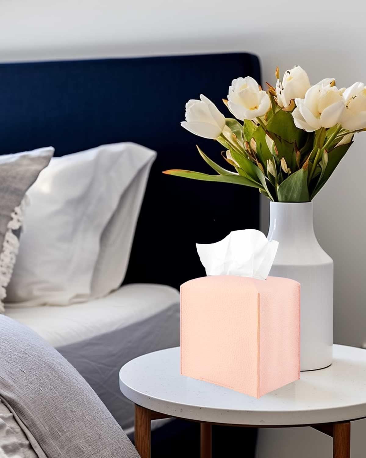 Pink Tissue Box Cover Leather – with Bottom Belt [ ] Decorative Modern PU Leather Tissue Box Holder for Bathroom Vanity/Night Stands/Office