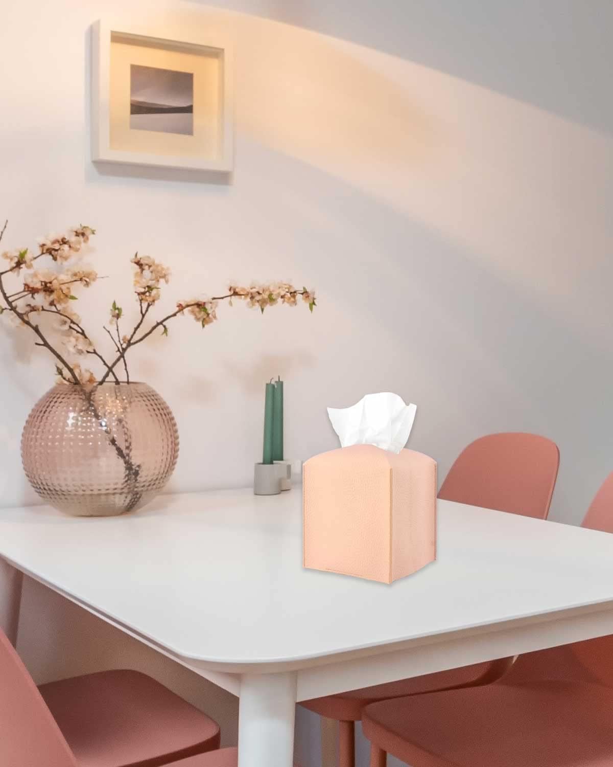 Pink Tissue Box Cover Leather – with Bottom Belt [ ] Decorative Modern PU Leather Tissue Box Holder for Bathroom Vanity/Night Stands/Office