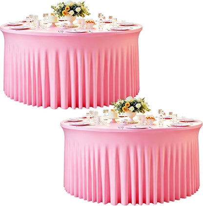 2 Pack Pink Table Cloths for 5FT Round Tables, Fitted Spandex 120 inch Round Tablecloth, Wrinkle Free Pink Table Skirt for Receptions Birthday Photography Social Events Engagement Party Decorations